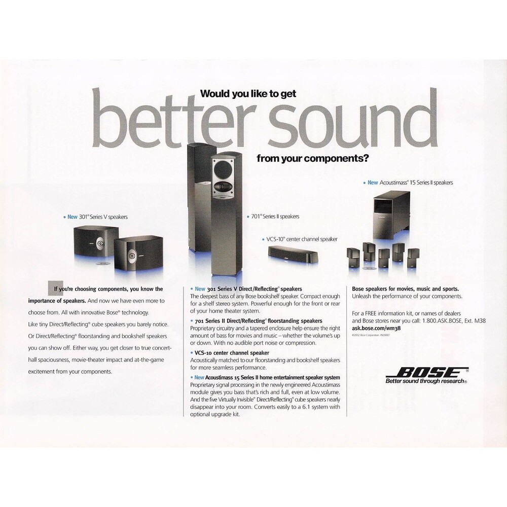 Vintage 2002 Bose Speakers Print Ad Better Sound Acoustimass 15 Series Il 701